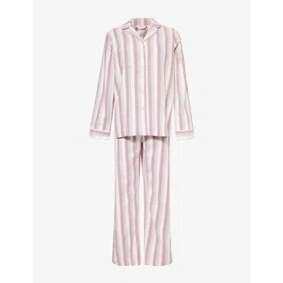 Derek Rose Womens Kelburn Stripe Long-sleeve Cotton Pyjama Set Red