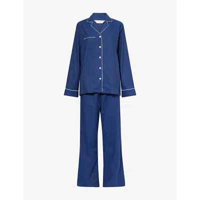 Derek Rose Womens Navy Balmoral Relaxed-fit Cotton-poplin Pyjama Set In Blue