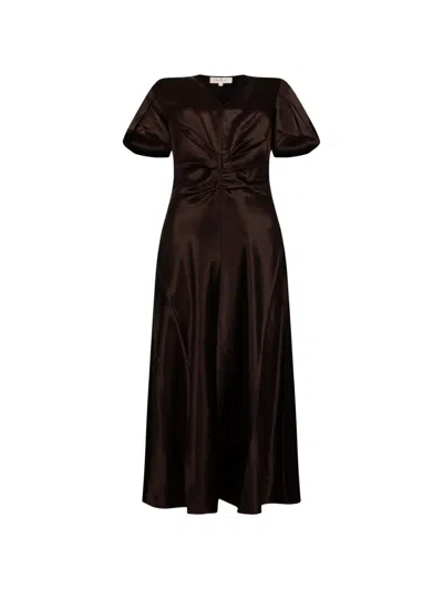 Derhy Angelique Ruched Satin-finish Midi Dress In Brown