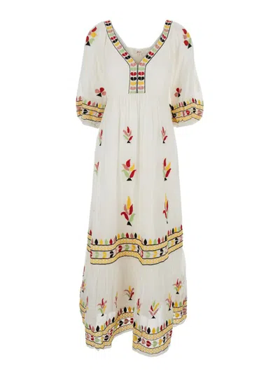 Derhy 'candice' White Long Dress With Wide Neckline On The Front And All-over Embroidery In Cotton Woman