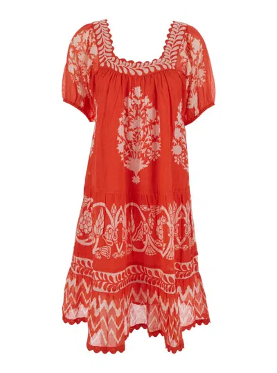 Derhy Orange Flared Dress With Square Neck And All-over Print In Cotton Woman