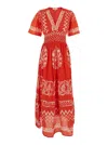 Derhy Orange Long Dress With V-neck And All-over Graphic Print In Cotton Woman