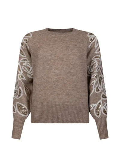 Derhy Sequin-embellished Embroidered Sweater In Brown