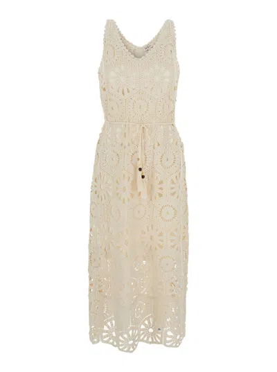 Derhy 'xaviere' White Long Dress With V-neck And All-over Lace Embroideries
