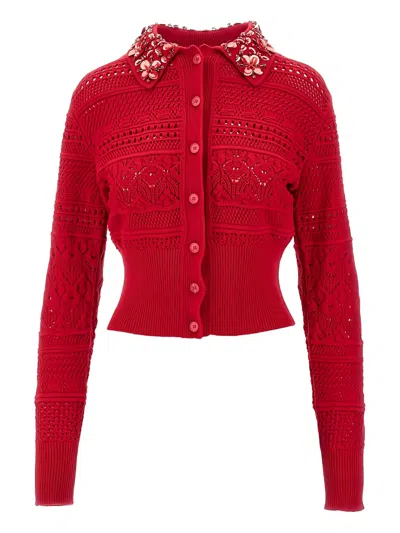 Des Phemmes Cotton Cardigan With Embroidered Collar In Red