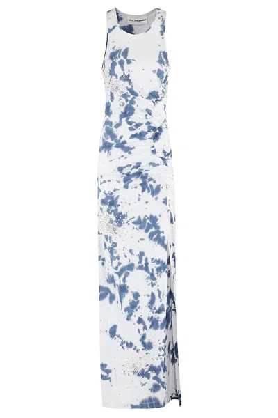 Des Phemmes Cotton Rib Tie Dye Embroidred Dress In Blue/white