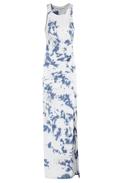 Des Phemmes Cotton Rib Tie Dye Embroidred Dress In White