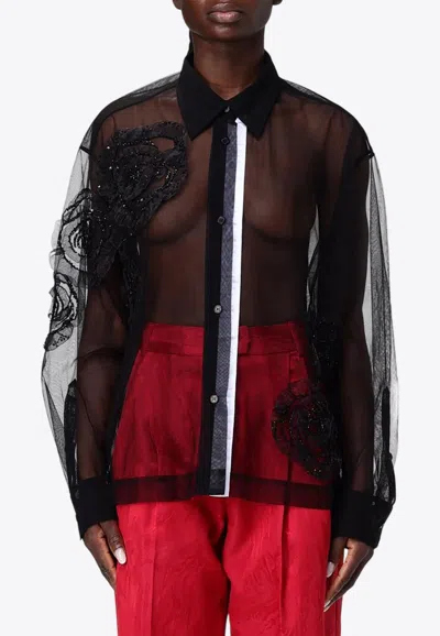 Des Phemmes Couture Floral Embellished Tulle Shirt In Black