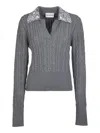 Des Phemmes Embellished Cable Knit Polo Sweater In Iron Grey