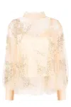 Des_phemmes Des Phemmes Embellished Sheer Sweater With Puff Sleeves And Delicate Beading In Neutrals