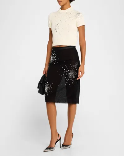 Des Phemmes Embroidered Chunky Knit Crop Top In Off White