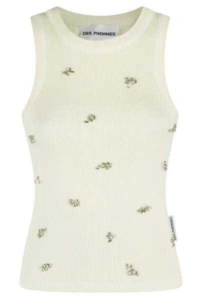 Des Phemmes Fitted Ribbed Tank Top With Rhinestone Embellishments In White