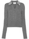 Des Phemmes Embellished Cable Knit Polo Sweater In Grey