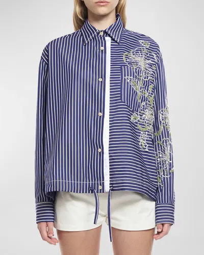 Des Phemmes Hibiscus Embroidered Stripe Shirt In Dark Blue White