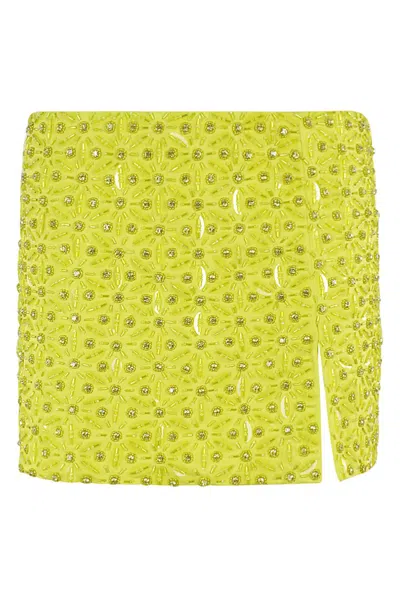 Des Phemmes Green Mini Skirt With Crystal All Over In Organza Woman In Yellow