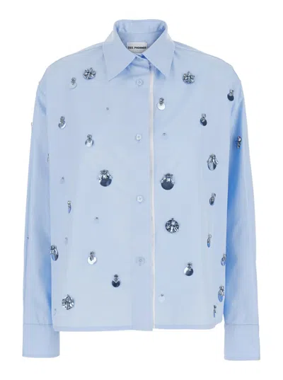 Des Phemmes Light Blue Shirt With Classic Collar And Embellishments On The Front In Cotton Woman