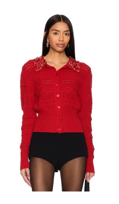 Des Phemmes Openwork Cardigan In Lipstick Rouge