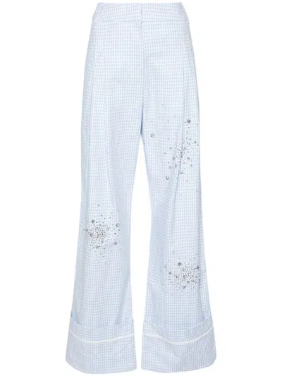 Des Phemmes Crystal-embellished Gingham-print Trousers In Blue