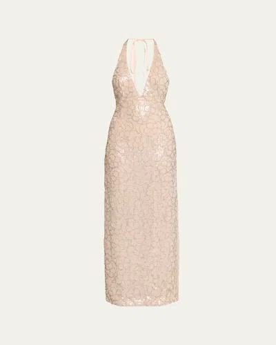 Des Phemmes Sequined Floral Halter Dress In Nude