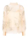 Des_phemmes Des Phemmes Embellished Sheer Sweater With Puff Sleeves And Delicate Beading In Beige