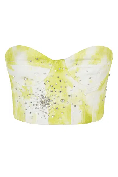 Des Phemmes Tie Dye Embroidered Denim Bustier With Sweetheart Neckline In Yellow