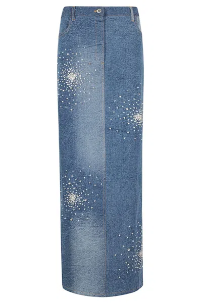 DES PHEMMES TIE DYE EMBROIDERED DENIM MIDI SKIRT