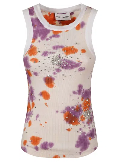 Des Phemmes Tie Dye Splash Embroidery Tank Top In Orange/lavander/white