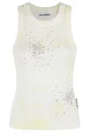 Des Phemmes Fitted Sleeveless Ribbed Tank Top With Bead Embellishments In White Sylvan Green