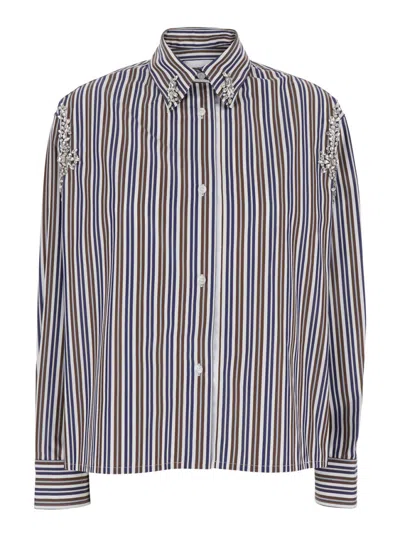 Des Phemmes Vertical Stripe Shirt With Decorative Shoulder Embellishments In Blue