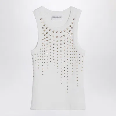 Des Phemmes White Tank Top With Crystals In Grey