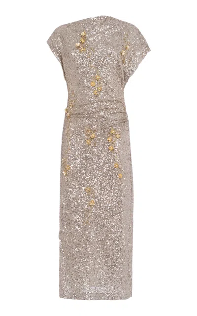 Des_phemmes Asymmetrical Embellished Maxi Dress In Silver