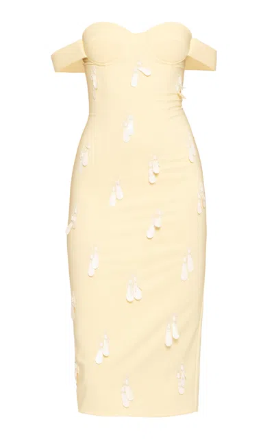 Des_phemmes Bead-embellished Off-the-shoulder Midi Dress In Yellow