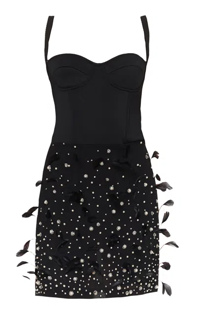 Des_phemmes Bustier Dress With Feathers And Crystals Embroidery In Black