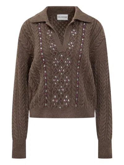DES_PHEMMES CABLE-KNIT EMBELLISHED POLO-NECK TOP