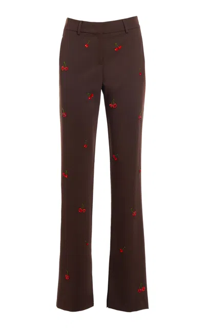 Des_phemmes Cherry Embroidered Flared Pants In Brown