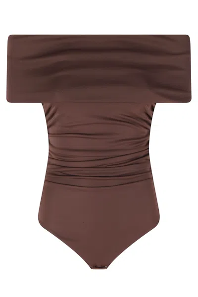 Des_phemmes Chocolate Off Shoulder Bandeau-neckline Polyester Bodysuit In Brown