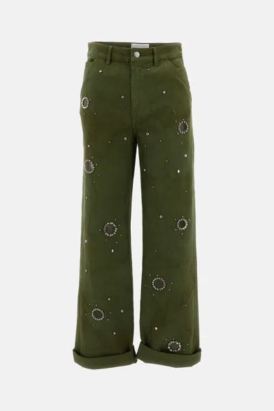 Des_phemmes Cotton Drill Cargo Pants With Rhinestones And Studs In Green