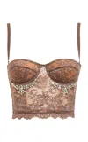 Des_phemmes Crystal-embellished Lace Bustier Crop Top In Brown