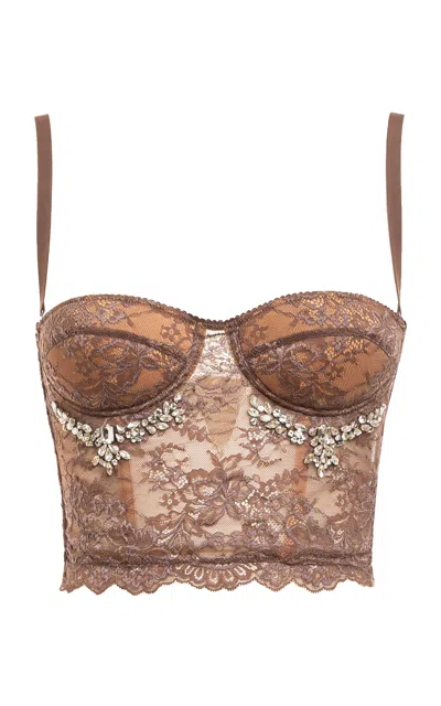 Des_phemmes Crystal-embellished Lace Bustier Crop Top In Brown