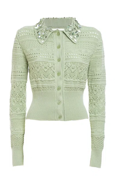 Des_phemmes Crystal-embellished Openwork Knit Cardigan In Green