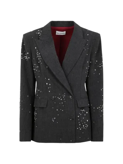Des_phemmes Dark Steel Canvas Double-breasted Embroidered Jacket In Gray