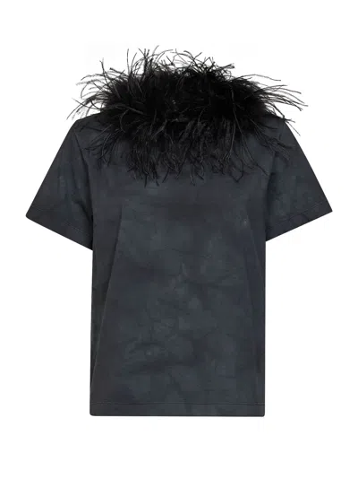 Des_phemmes Des Phemmes Ostrich Feather Trim Tie-dye Cotton T-shirt In Blue