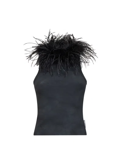 Des_phemmes Des Phemmes Ribbed Cotton With Ostrich Feather Trim Tank Top In Blue