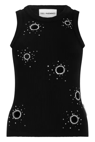 Des_phemmes Des Phemmes Sleeveless Cotton Rib Top With Sculptural Mini Circle Details In Black