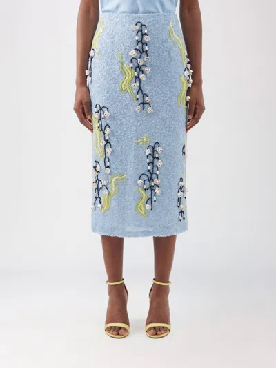 Des_phemmes Des Phemmes Slim Fit Pencil Midi Skirt With Bead Embroidery And Flower Appliqué In Blue