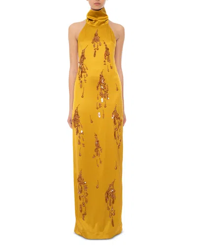 Des_phemmes Embellished Halter Maxi Dress In Yellow