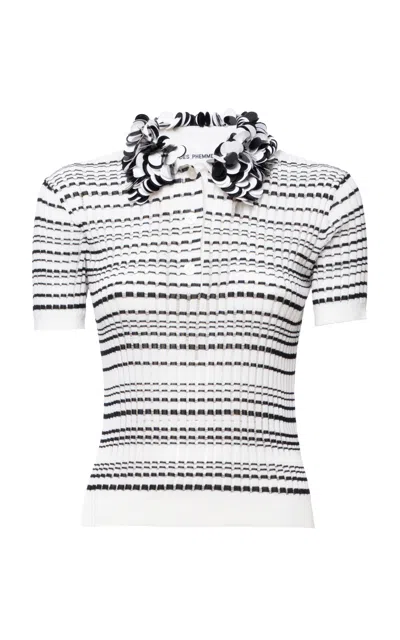 Des_phemmes Embellished Ribbed Knit Polo Shirt In White