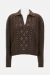 Des_phemmes Cable-knit Embellished Polo-neck Top In Brown