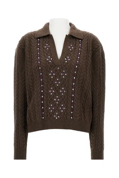 Des_phemmes Embroidered Cable Knit Sweater In Brown