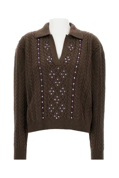 Des_phemmes Embroidered Cable-knit Sweater With Classic Collar And Ribbed Cuffs In Grey